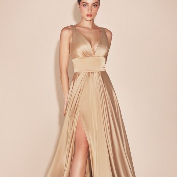 Champagne Gold A-Line V-Neckline Sleeveless Evening Wedding Prom Dress CD7469 - Picture 1 of 6